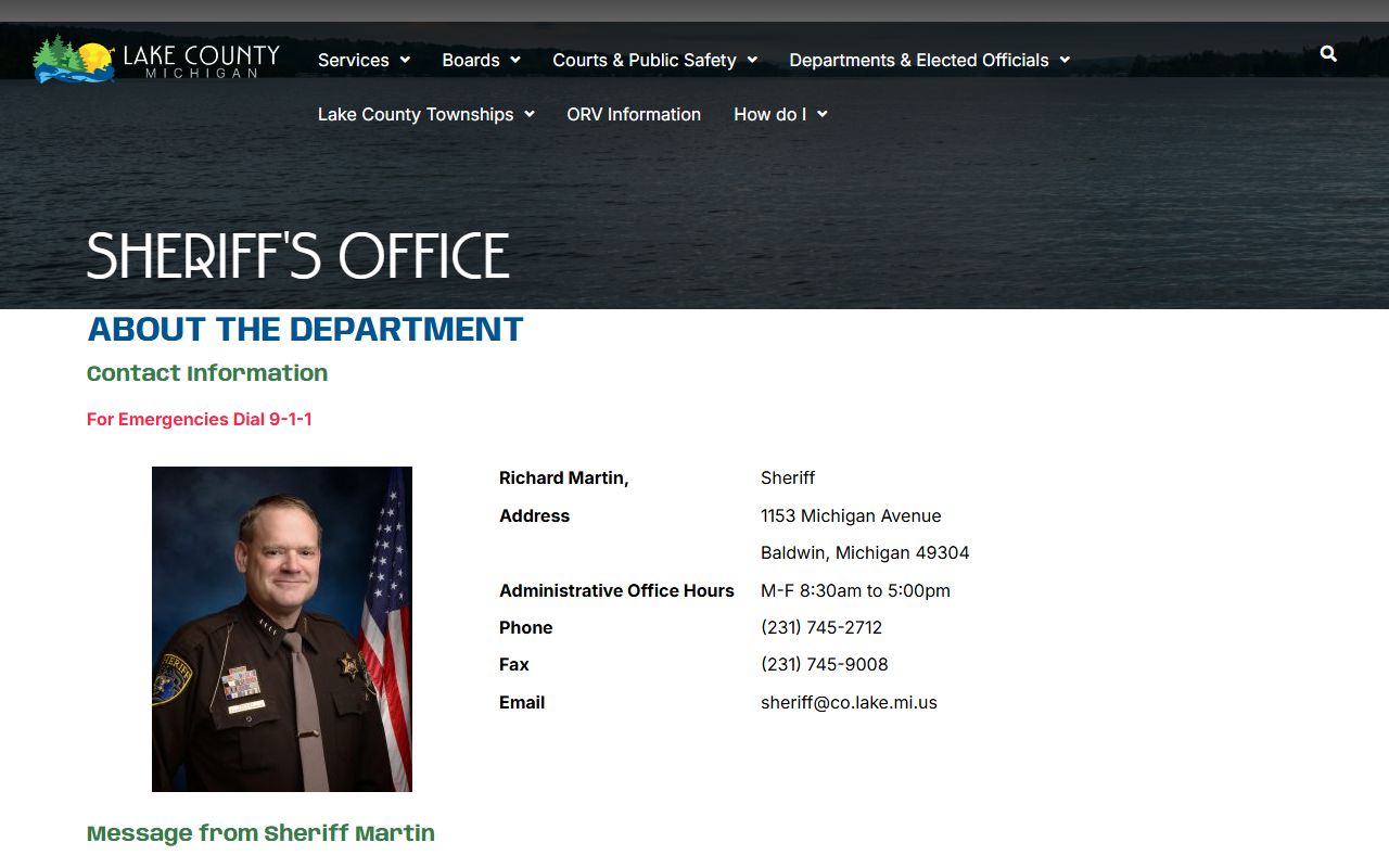 Lake County Sheriff's Office page showing phone, address, and email