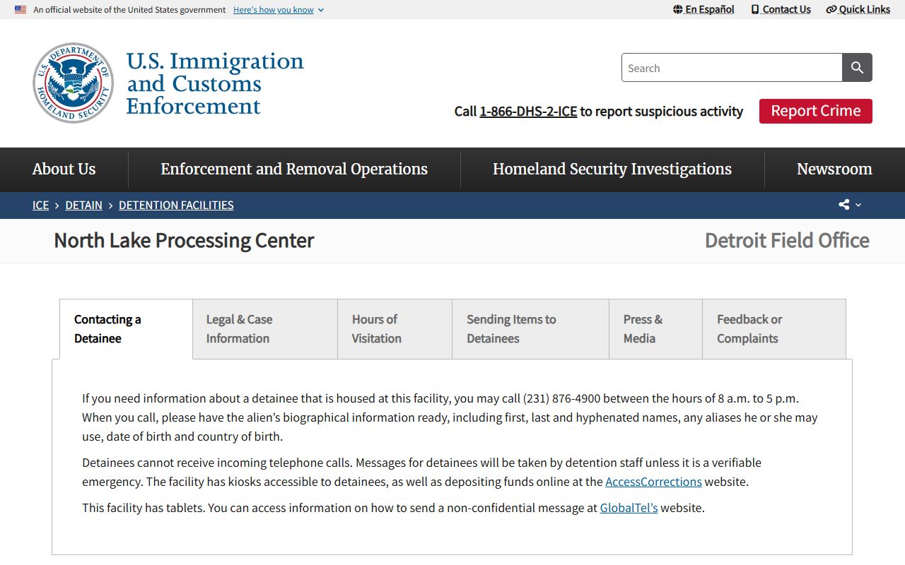North Lake Processing Center detainee lookup ICE facility page