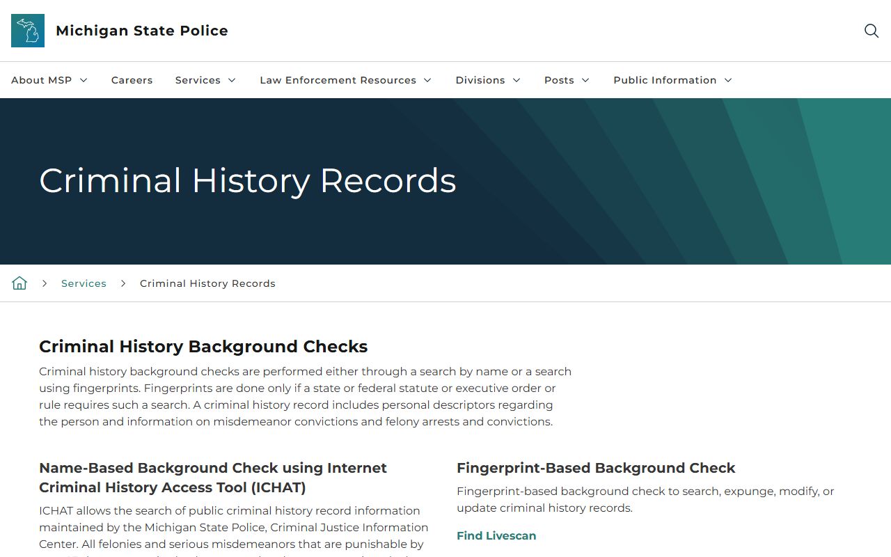 Michigan State Police criminal history records page