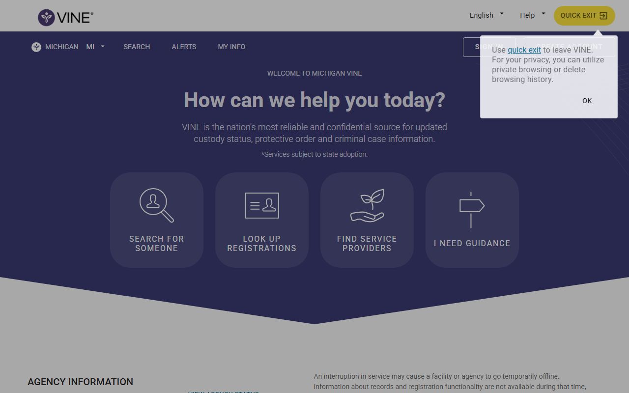 Michigan VINE custody status and notification landing page